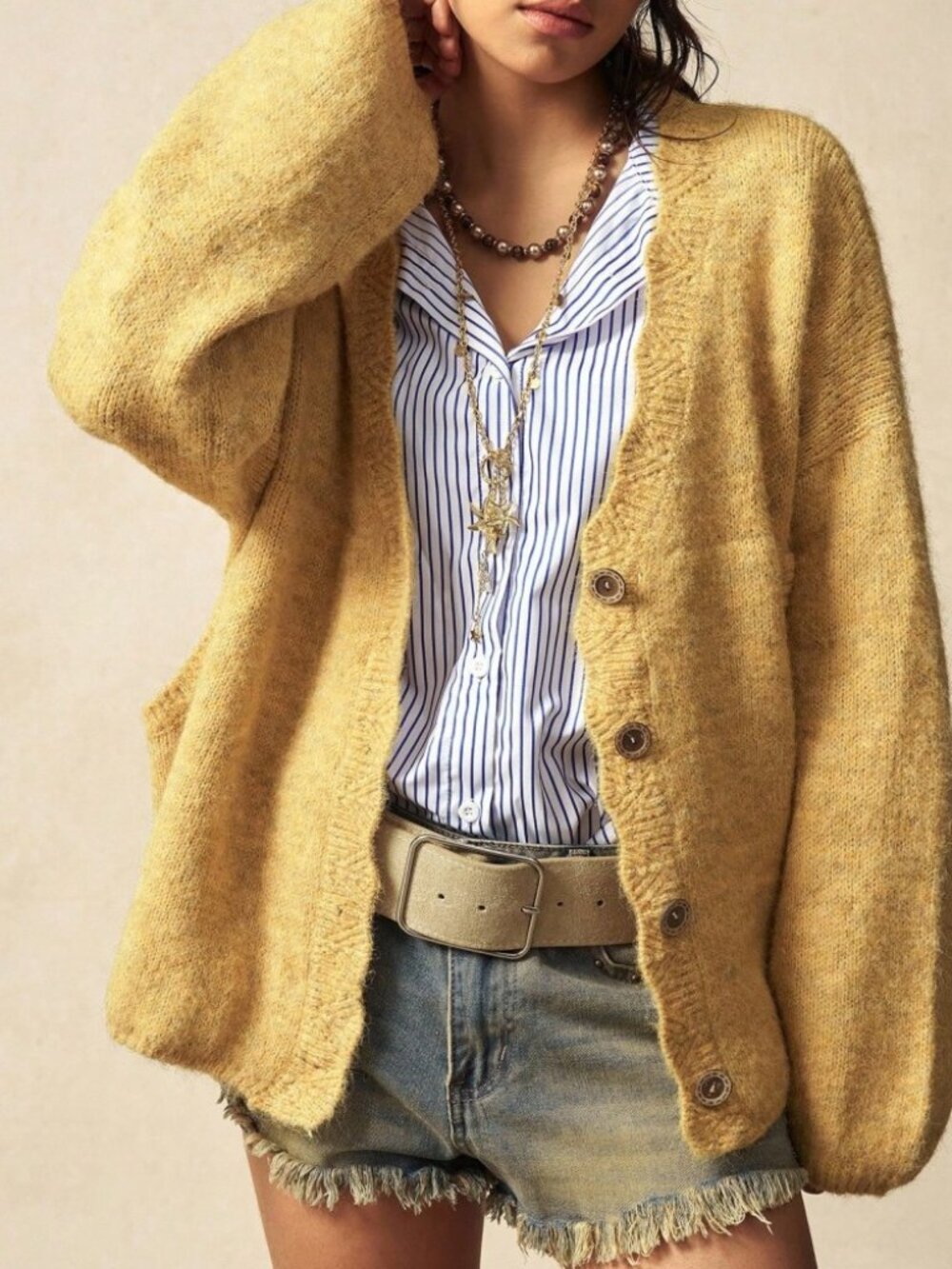 Golden Yellow Knit Cardigan, Loose V-Neck Button Front - Picture 3 of 8